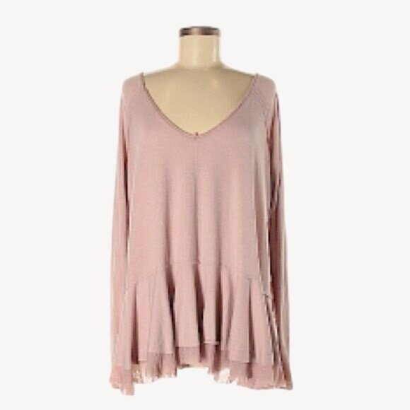 Free People Pale Pink Mauve Ruffled Hem Long Sleeve Tunic Top - Picture 3 of 16